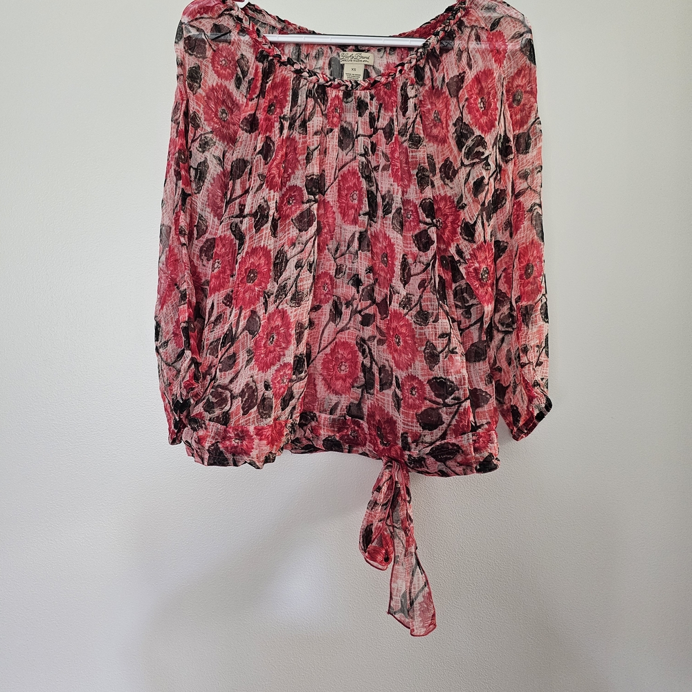 Lucky Brand Pink Black Floral Puff Sleeve Blouse Tie Front XS Small Boho Sheer